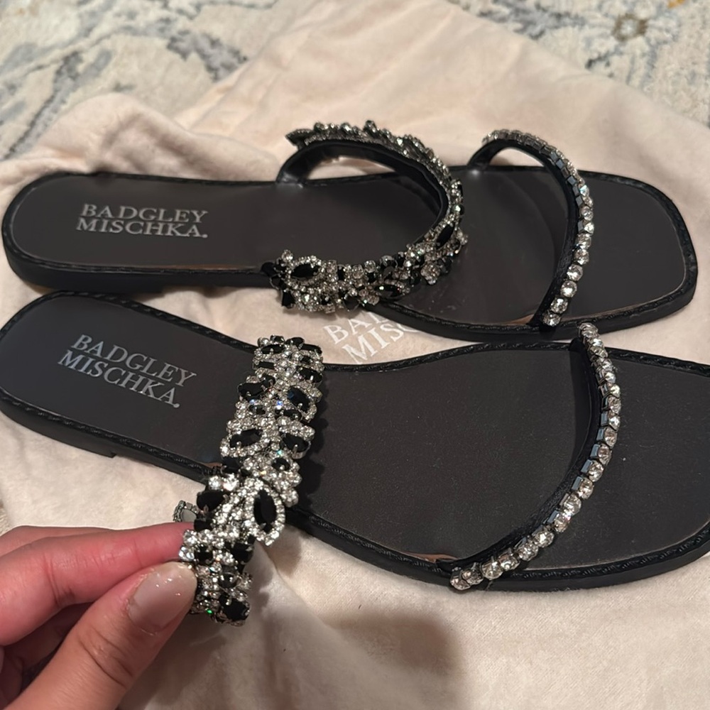 BADGLEY Mischka bejeweled black flat sandals